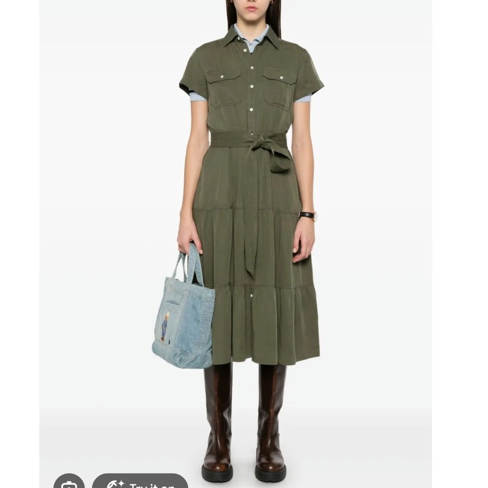 Polo Ralph Lauren Tiered Midi Shirt Dress Olive Green Lyocell Linen- Size 10